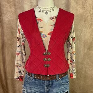 Vintage 90s Diamond Vest Red V Neck Sleeveless Textured Heart Closure Steampunk